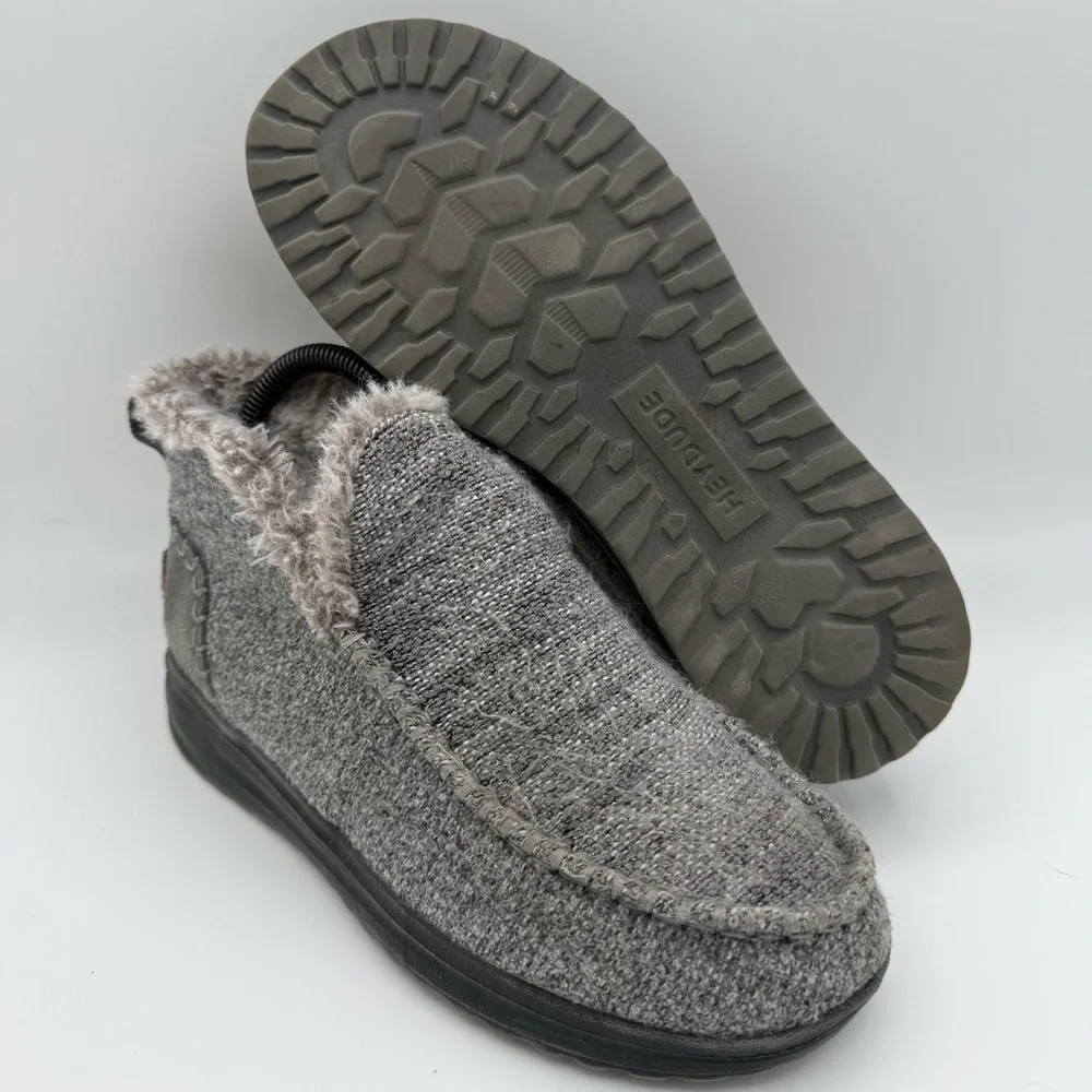 Women’s Hey Dude Denny Gray‎ Black Sleet Slip-On Ankle Boots Faux Fur Size 6